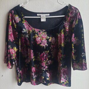 American Rag Cie Velour "Velvet" Floral Oversize Flowy Top, Black, Womens XL